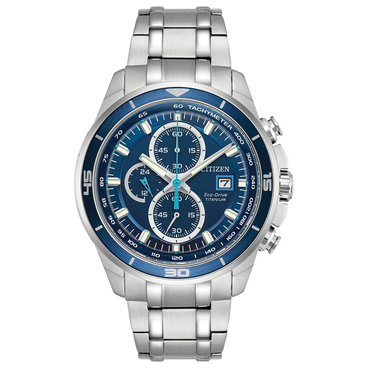 Citizen CA0349-51L men's Super Titanium™ watch featuring a cerulean blue dial with luminous hands and markers—front view.