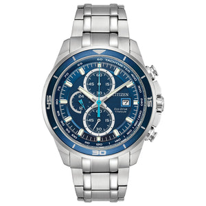 Citizen CA0349-51L men's Super Titanium™ watch featuring a cerulean blue dial with luminous hands and markers—front view.