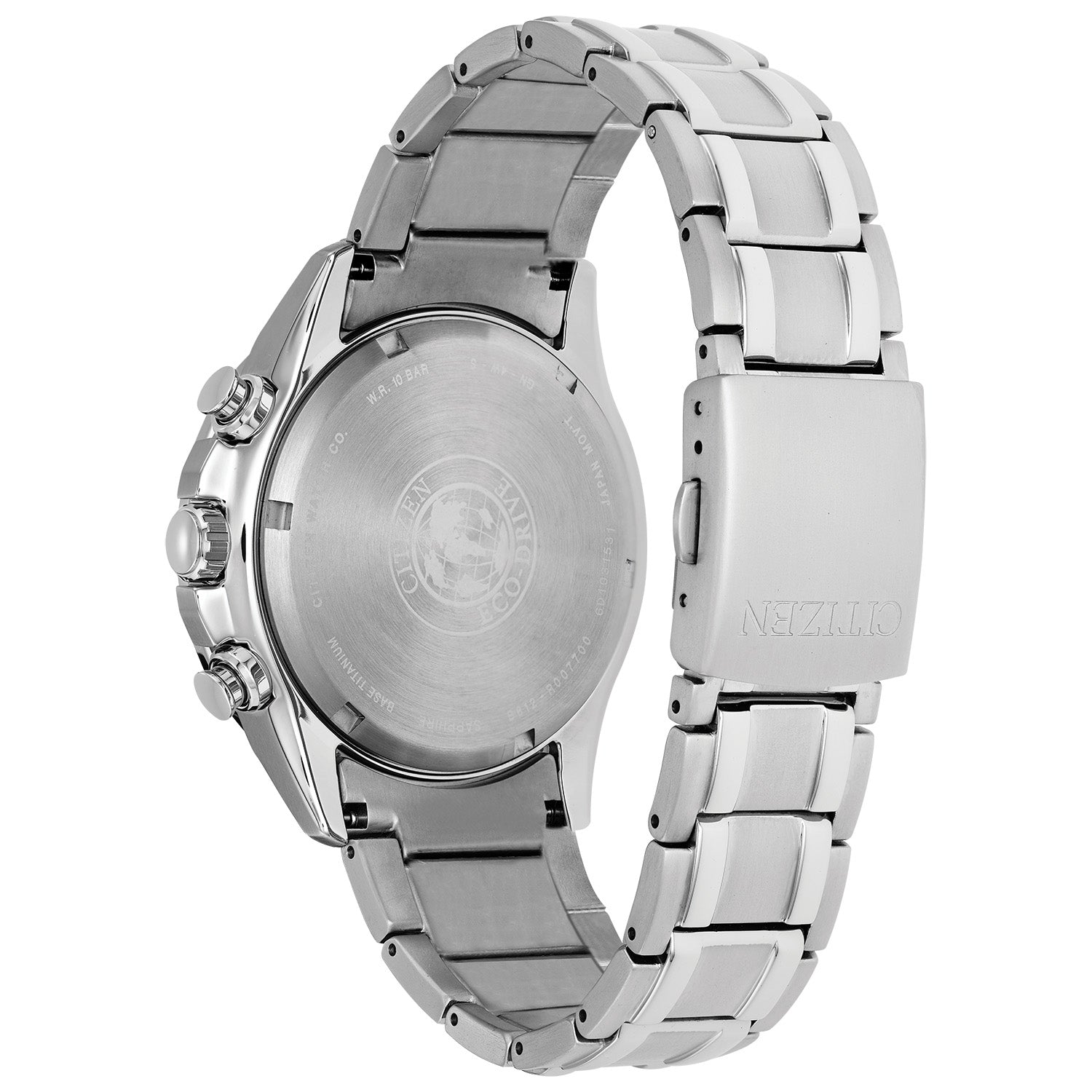 Rear view of the Citizen CA0349-51L highlighting the stainless steel case back and bracelet clasp.