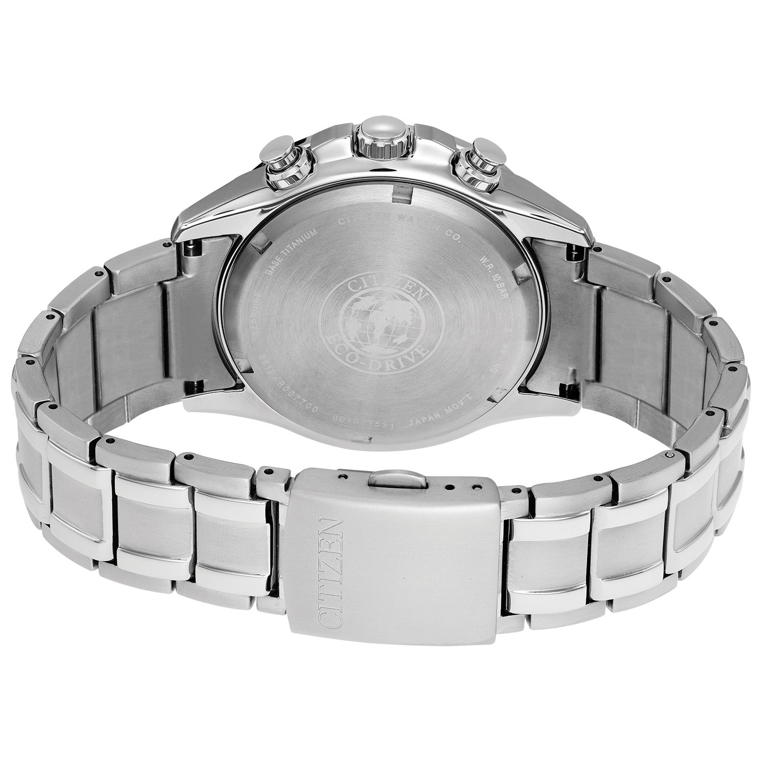 Rear view of the Citizen CA0349-51L highlighting the stainless steel case back and bracelet clasp.