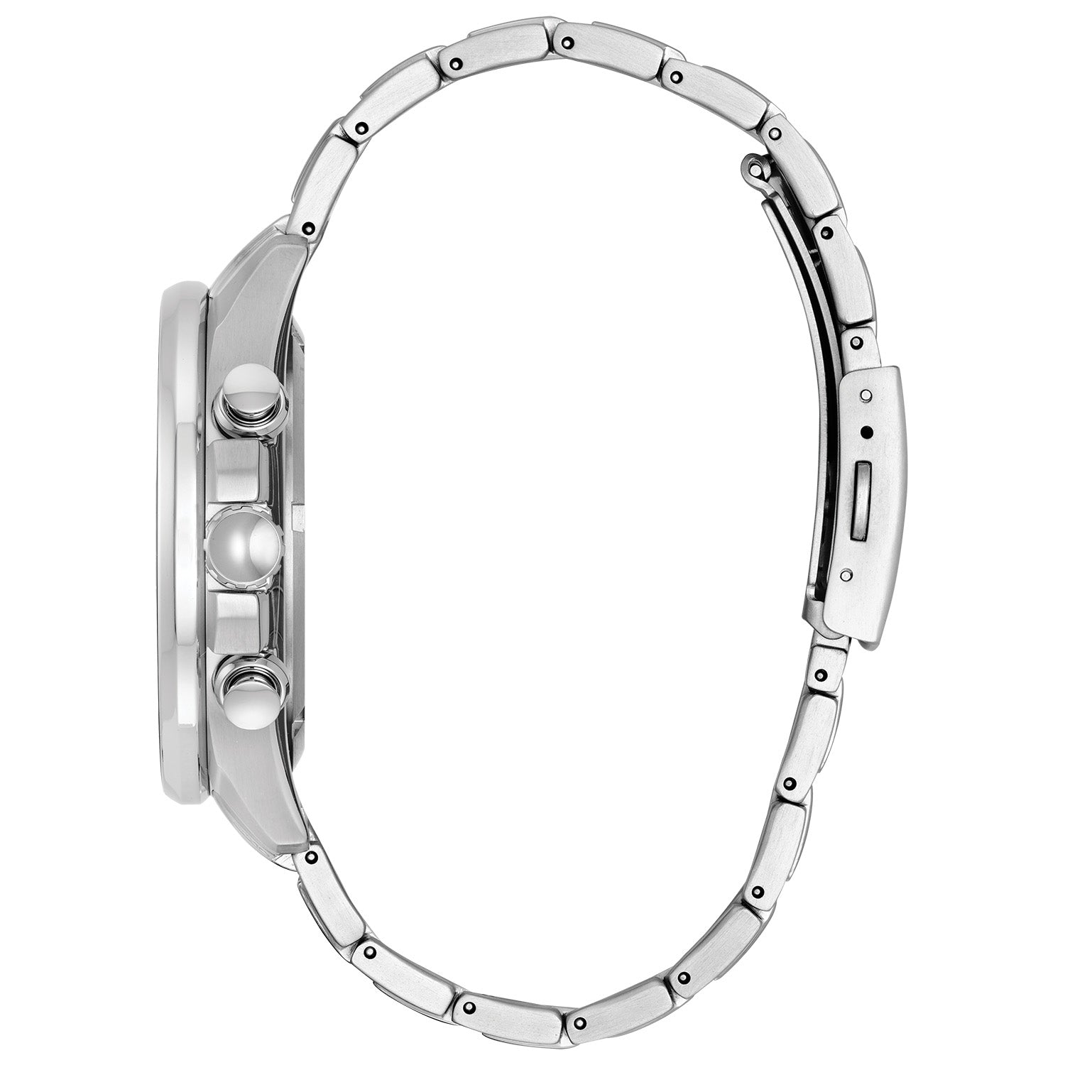 Side profile of the Citizen CA0349-51L showcasing the Super Titanium™ case and textured crown.