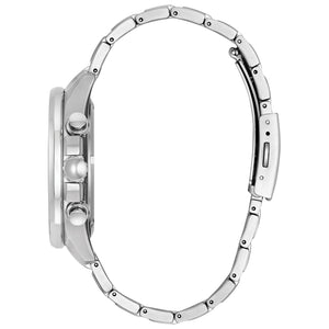 Side profile of the Citizen CA0349-51L showcasing the Super Titanium™ case and textured crown.