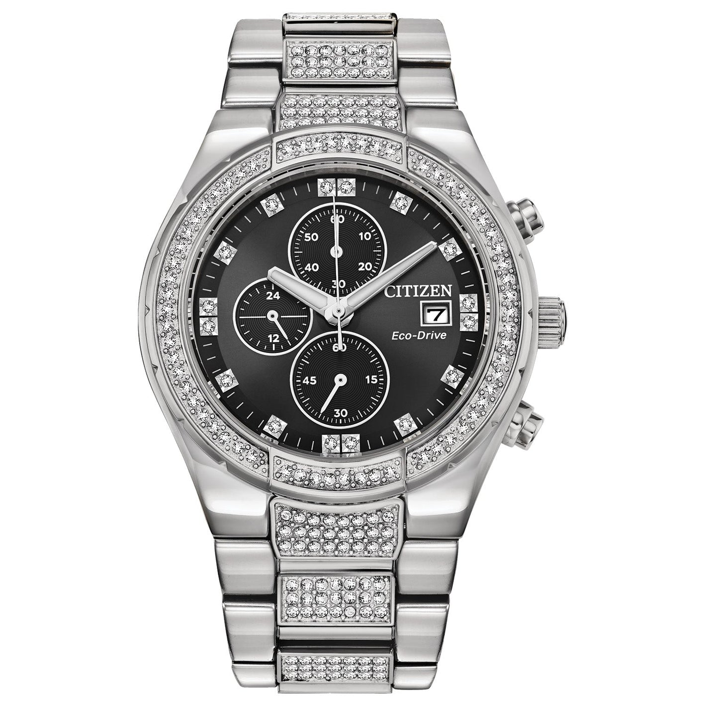 Citizen Eco-Drive Crystal CA0750-53E featuring a black dial with silver-tone hands and indices, 42mm stainless steel case adorned with crystals—front view.