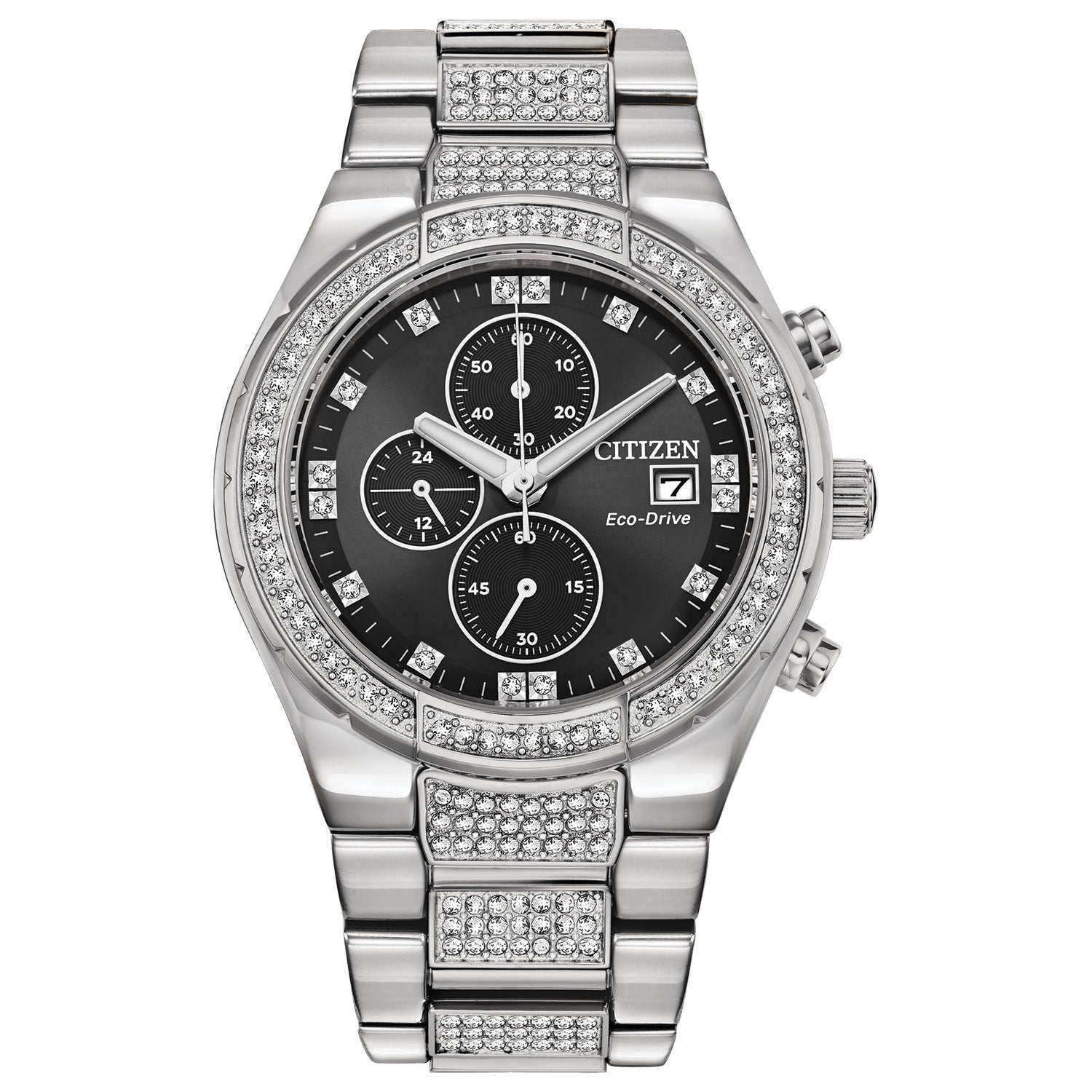 Citizen Eco-Drive Crystal CA0750-53E featuring a black dial with silver-tone hands and indices, 42mm stainless steel case adorned with crystals—front view.