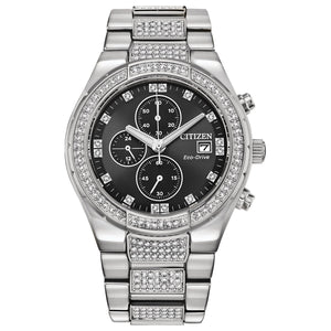 Citizen Eco-Drive Crystal CA0750-53E featuring a black dial with silver-tone hands and indices, 42mm stainless steel case adorned with crystals—front view.