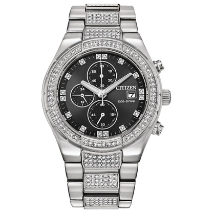 Citizen Eco-Drive Crystal CA0750-53E featuring a black dial with silver-tone hands and indices, 42mm stainless steel case adorned with crystals—front view.