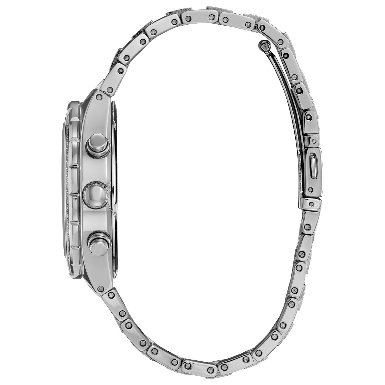 Side profile of the Citizen CA0750-53E showcasing the case thickness and crystal-accented bezel.