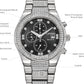Citizen Eco-Drive Crystal CA0750-53E featuring a black dial with silver-tone hands and indices, 42mm stainless steel case adorned with crystals—front view.