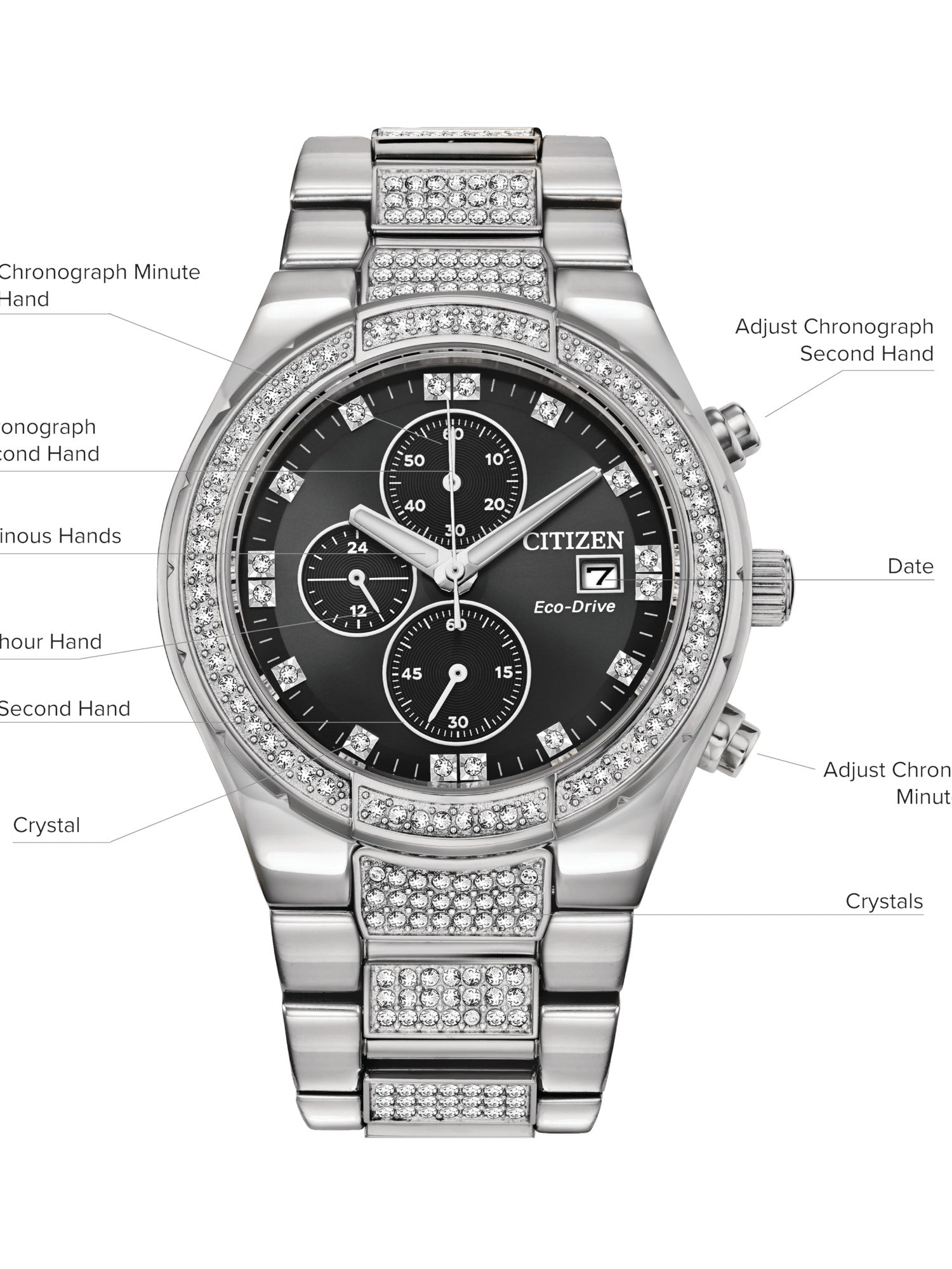 Citizen Eco-Drive Crystal CA0750-53E featuring a black dial with silver-tone hands and indices, 42mm stainless steel case adorned with crystals—front view.