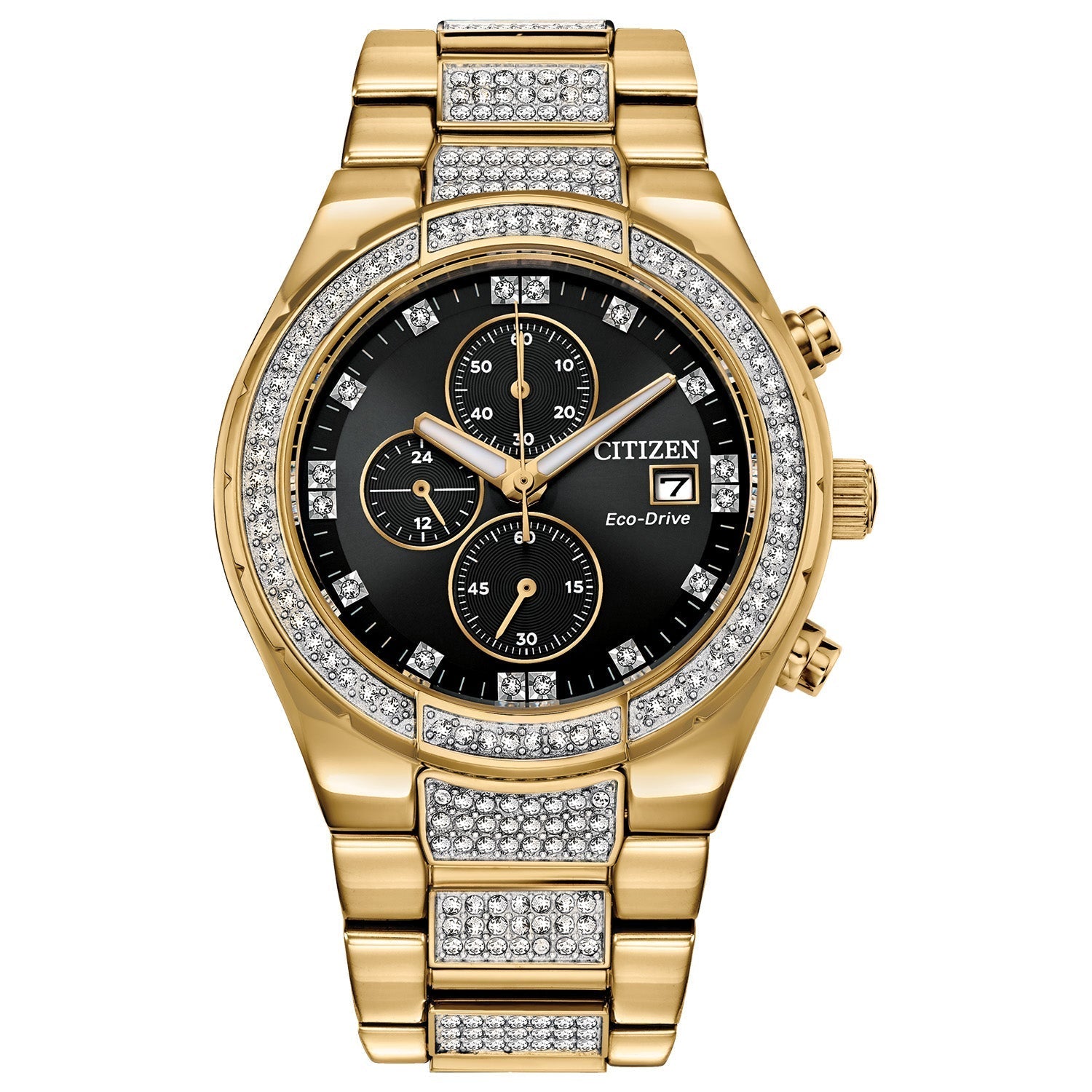 Citizen CA0752-58E men's gold-tone stainless steel watch featuring a black dial with gold-tone hands and crystal-set hour markers—front view.​