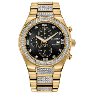 Citizen CA0752-58E men's gold-tone stainless steel watch featuring a black dial with gold-tone hands and crystal-set hour markers—front view.​