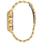 Side profile of the Citizen CA0752-58E showcasing the gold-tone case, crystal-adorned bezel, and textured crown.