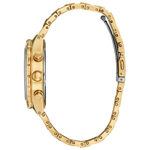 Side profile of the Citizen CA0752-58E showcasing the gold-tone case, crystal-adorned bezel, and textured crown.