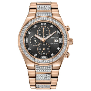 Citizen Eco-Drive Crystal CA0753-55E featuring a black dial with rose gold-tone hands and indices, 42mm rose gold-tone stainless steel case adorned with Swarovski® crystals—front view