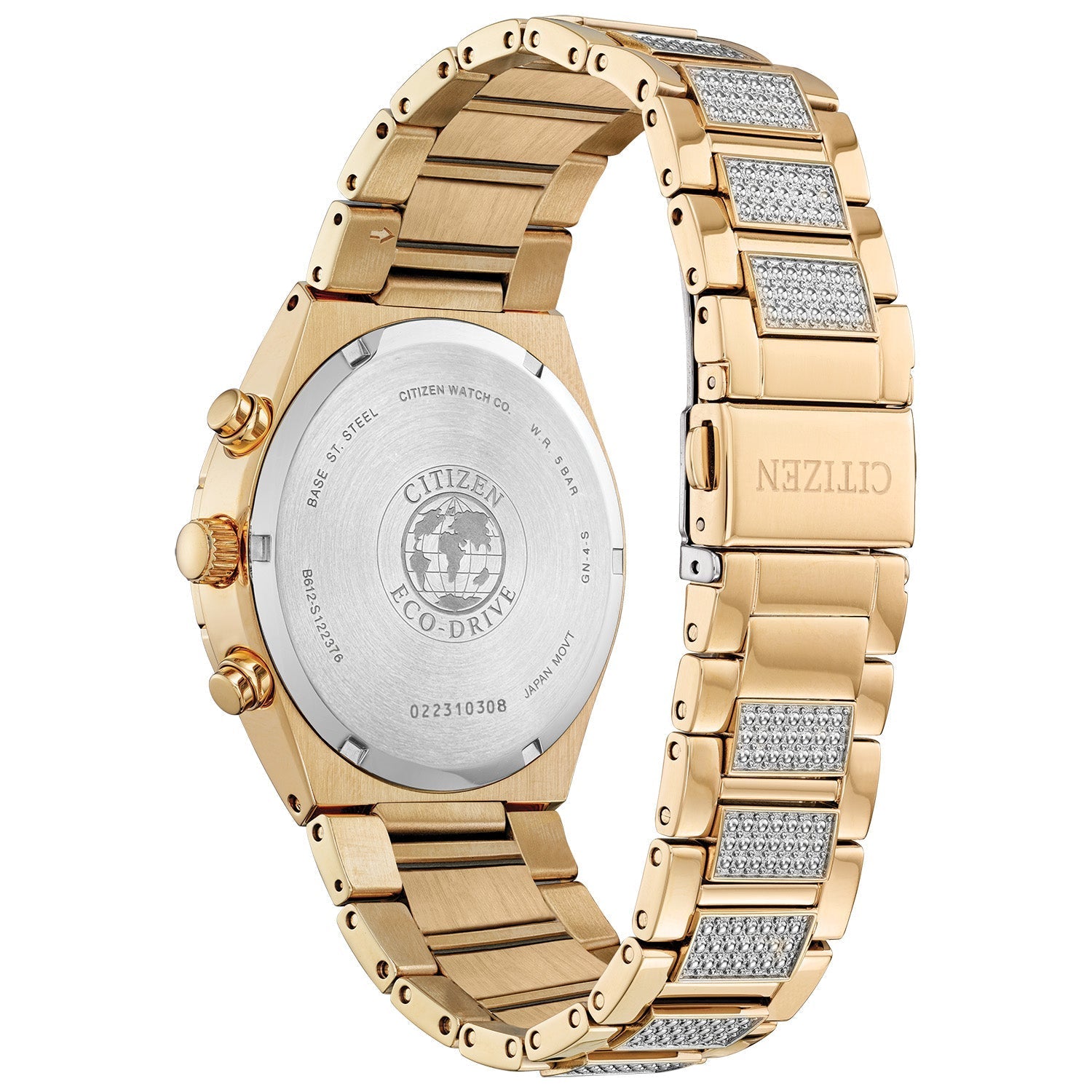 Rear view of the Citizen Eco-Drive Crystal CA0753-55E highlighting the stainless steel case back and bracelet design.