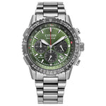 Citizen CA4664-60W front view featuring the 40 mm stainless-steel case, khaki-green dial with red/black/white accents, and steel bracelet.