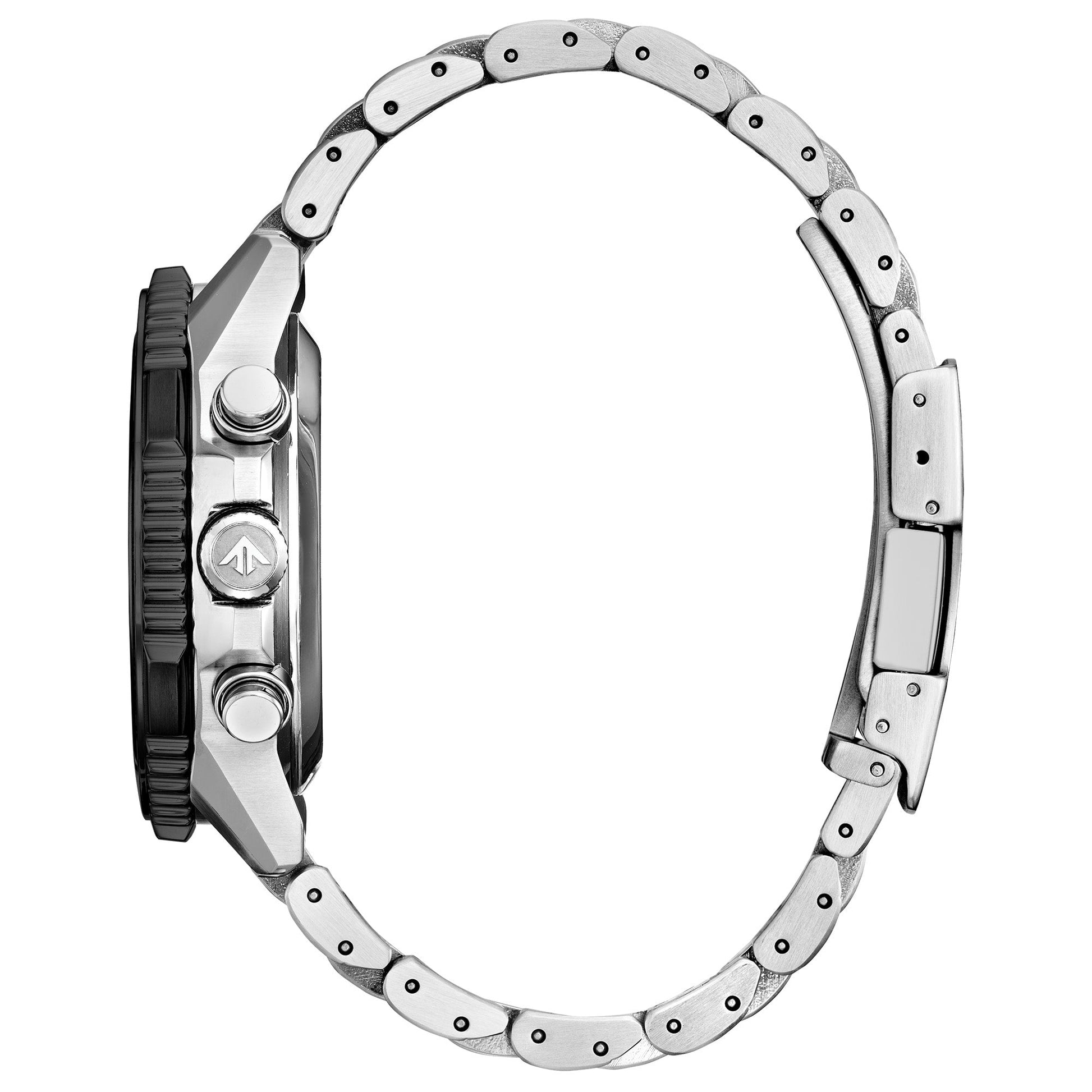 Side profile of Citizen CA4664-60W highlighting the slide-rule bezel, polished case facets, and integrated stainless-steel bracelet.