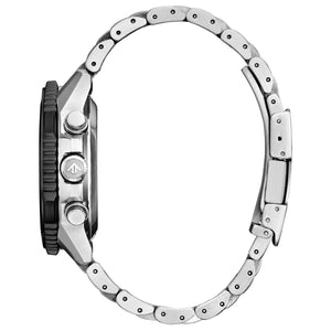 Side profile of Citizen CA4664-60W highlighting the slide-rule bezel, polished case facets, and integrated stainless-steel bracelet.