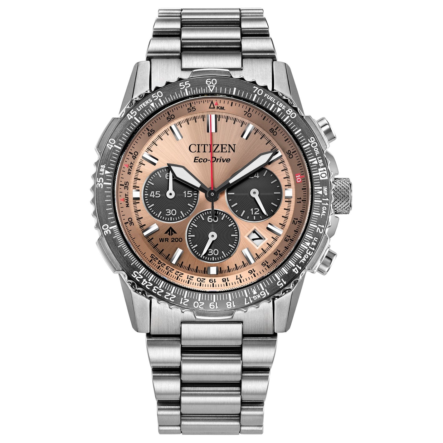 Citizen CA4664-60X front view featuring a copper dial with triple sub-dials, slide-rule bezel, stainless-steel case and bracelet.