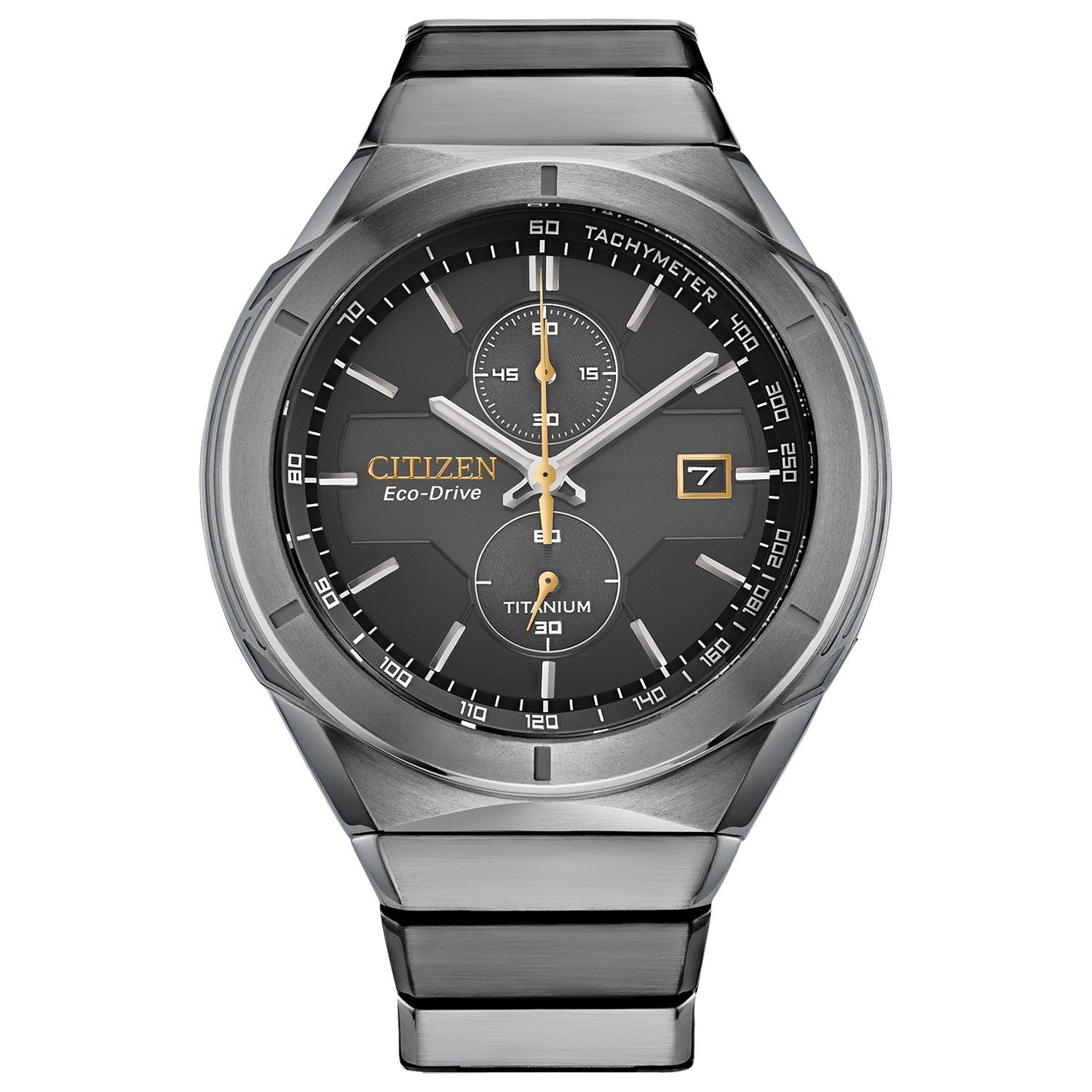 Citizen Super Titanium Armor Eco-Drive CA7058-55E featuring a black dial with luminous hands and markers, silver-tone Super Titanium™ case and bracelet—front view.