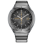Citizen Super Titanium Armor Eco-Drive CA7058-55E featuring a black dial with luminous hands and markers, silver-tone Super Titanium™ case and bracelet—front view.