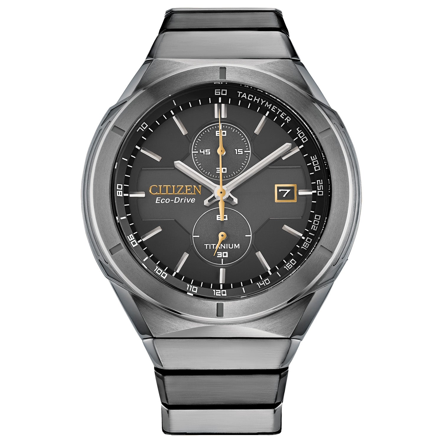 Citizen Super Titanium Armor Eco-Drive CA7058-55E featuring a black dial with luminous hands and markers, silver-tone Super Titanium™ case and bracelet—front view.