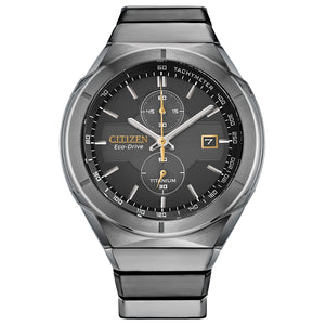 Citizen Super Titanium Armor Eco-Drive CA7058-55E featuring a black dial with luminous hands and markers, silver-tone Super Titanium™ case and bracelet—front view.