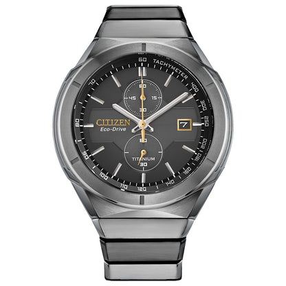 Citizen Super Titanium Armor Eco-Drive CA7058-55E featuring a black dial with luminous hands and markers, silver-tone Super Titanium™ case and bracelet—front view.