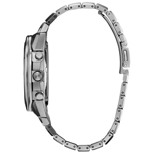 Side profile of the Citizen CA7058-55E showcasing the 44mm case and integrated bracelet design.