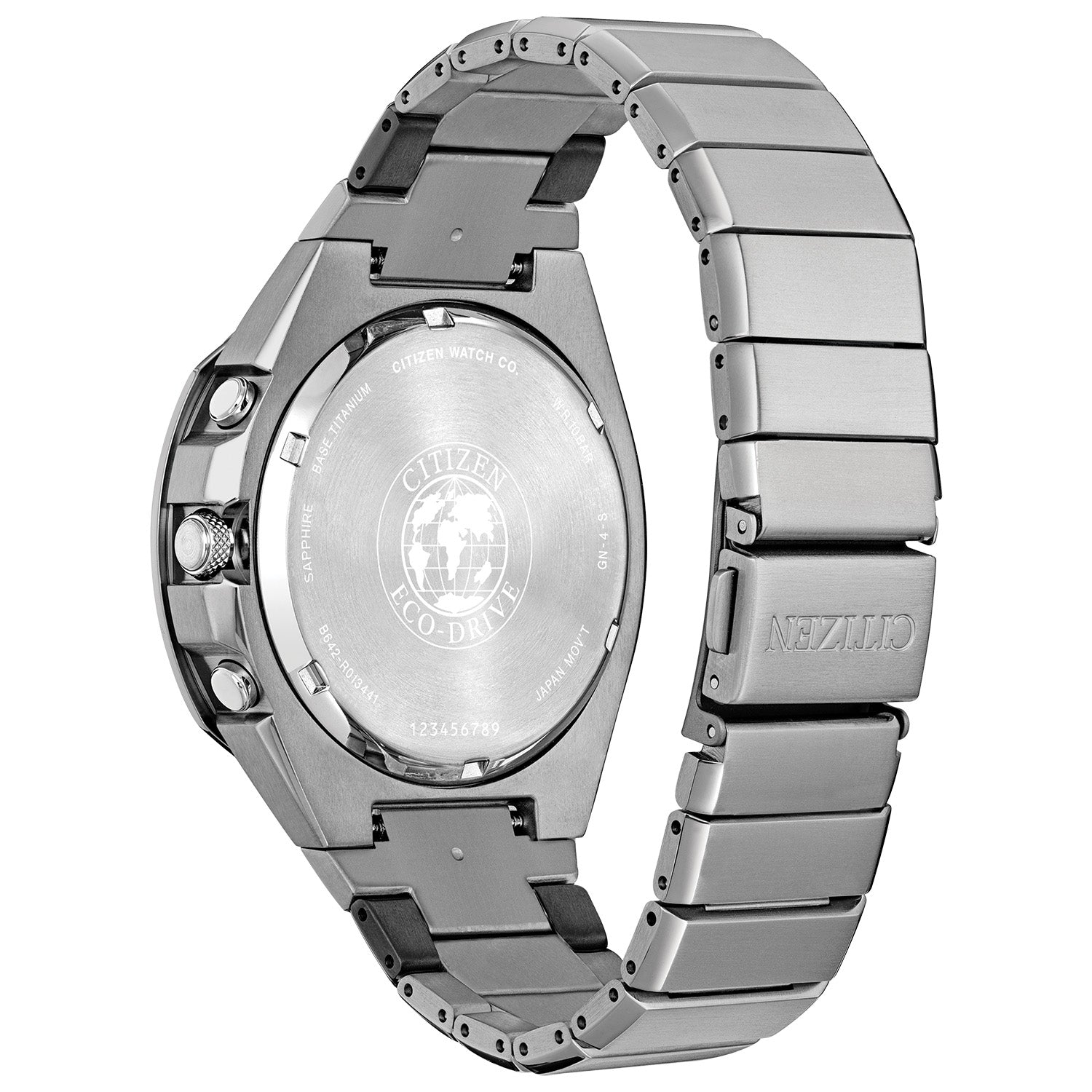 Rear view of the Citizen Super Titanium Armor CA7058-55E highlighting the screw-back case and bracelet design.