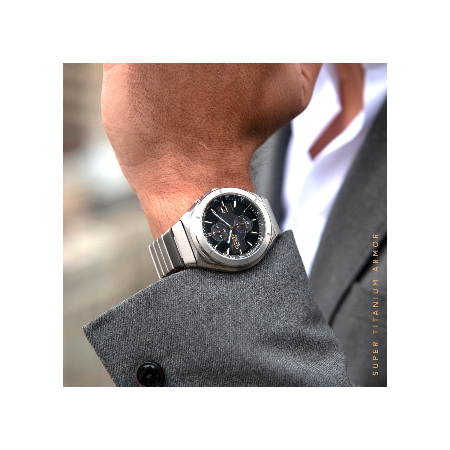 Model wearing the Citizen Super Titanium Armor Eco-Drive CA7058-55E, demonstrating its bold and modern appearance on the wrist.