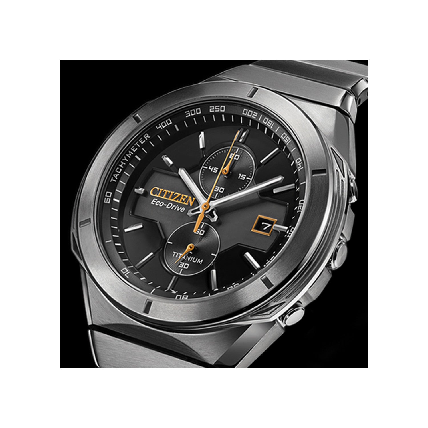 Citizen Super Titanium Armor Eco-Drive CA7058-55E featuring a black dial with luminous hands and markers, silver-tone Super Titanium™ case and bracelet—front view.