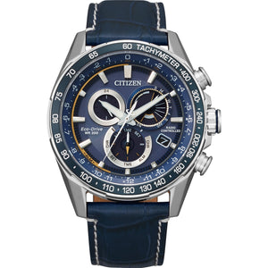 Citizen PCAT CB5918-02L featuring a blue dial with silver-tone hands, tachymeter bezel, and blue leather strap—front view