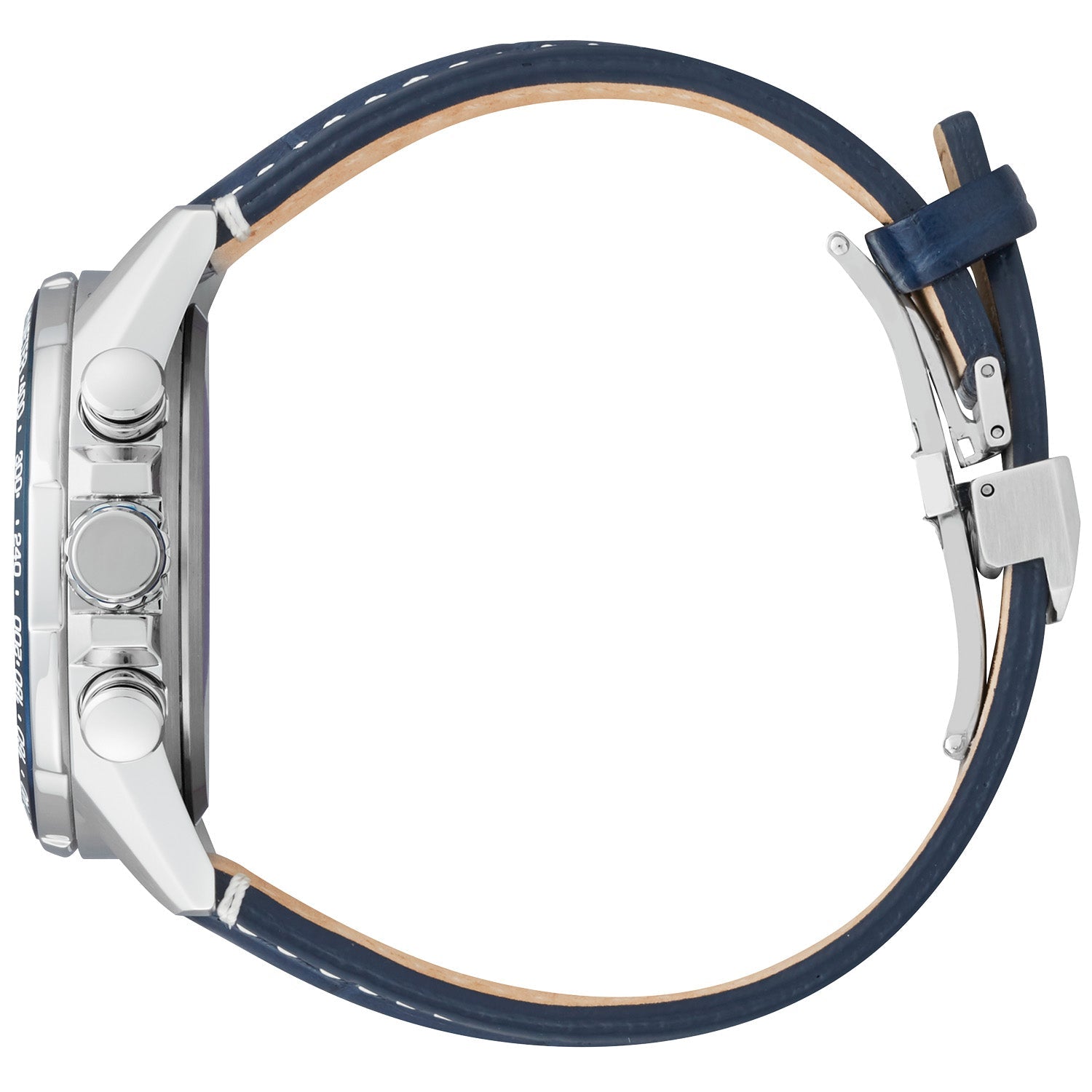 Side profile of the Citizen CB5918-02L showcasing the stainless steel case and crown with pushers.