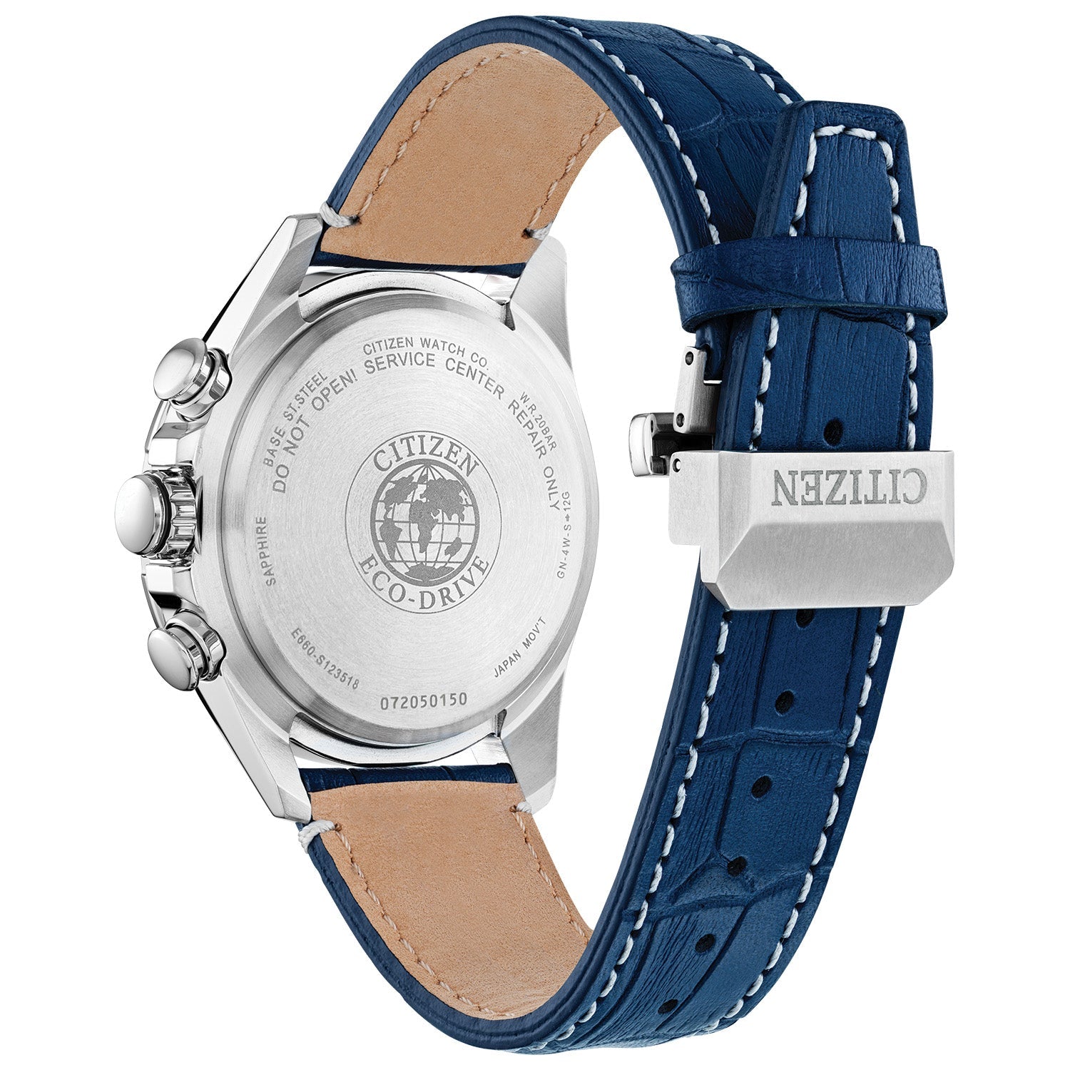 Rear view of the Citizen PCAT CB5918-02L highlighting the stainless steel case back and strap attachment.