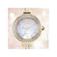 Citizen Silhouette Crystal EM0862-56D women's watch with a gold-tone stainless steel case, mother-of-pearl dial, and crystal hour markers—front view.​