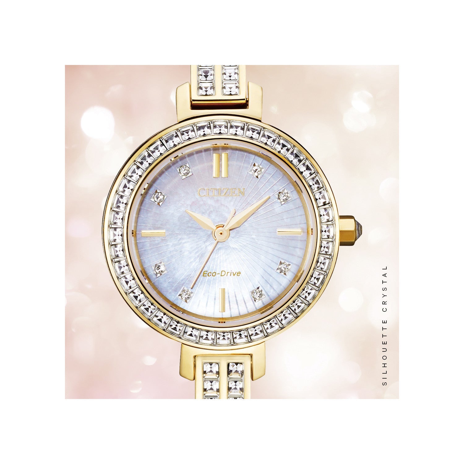Citizen Silhouette Crystal EM0862-56D women's watch with a gold-tone stainless steel case, mother-of-pearl dial, and crystal hour markers—front view.​