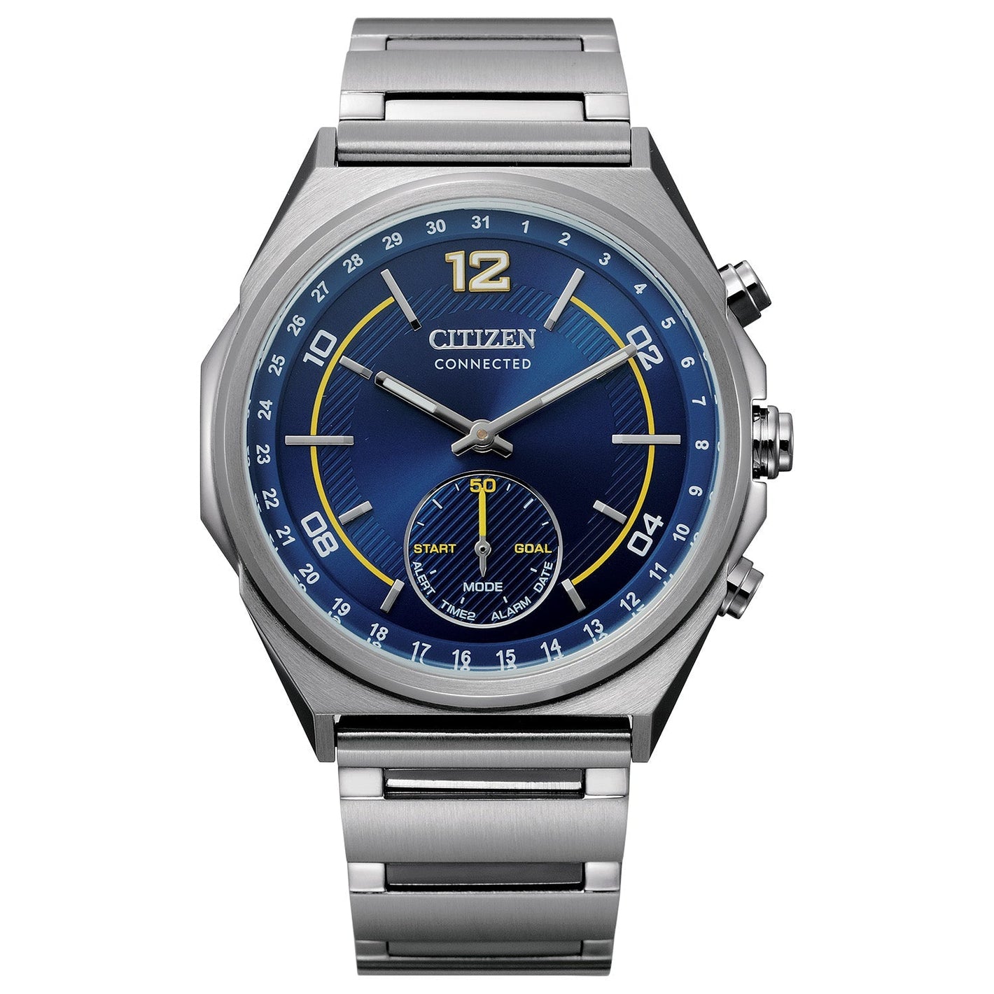 Citizen CX0000-55L hybrid smartwatch featuring a stainless steel case and bracelet with a vibrant blue dial—front view.