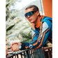 Model wearing the Bulova Marine Star E1 Team Miami Chronograph, highlighting its sporty design and vibrant color accents.