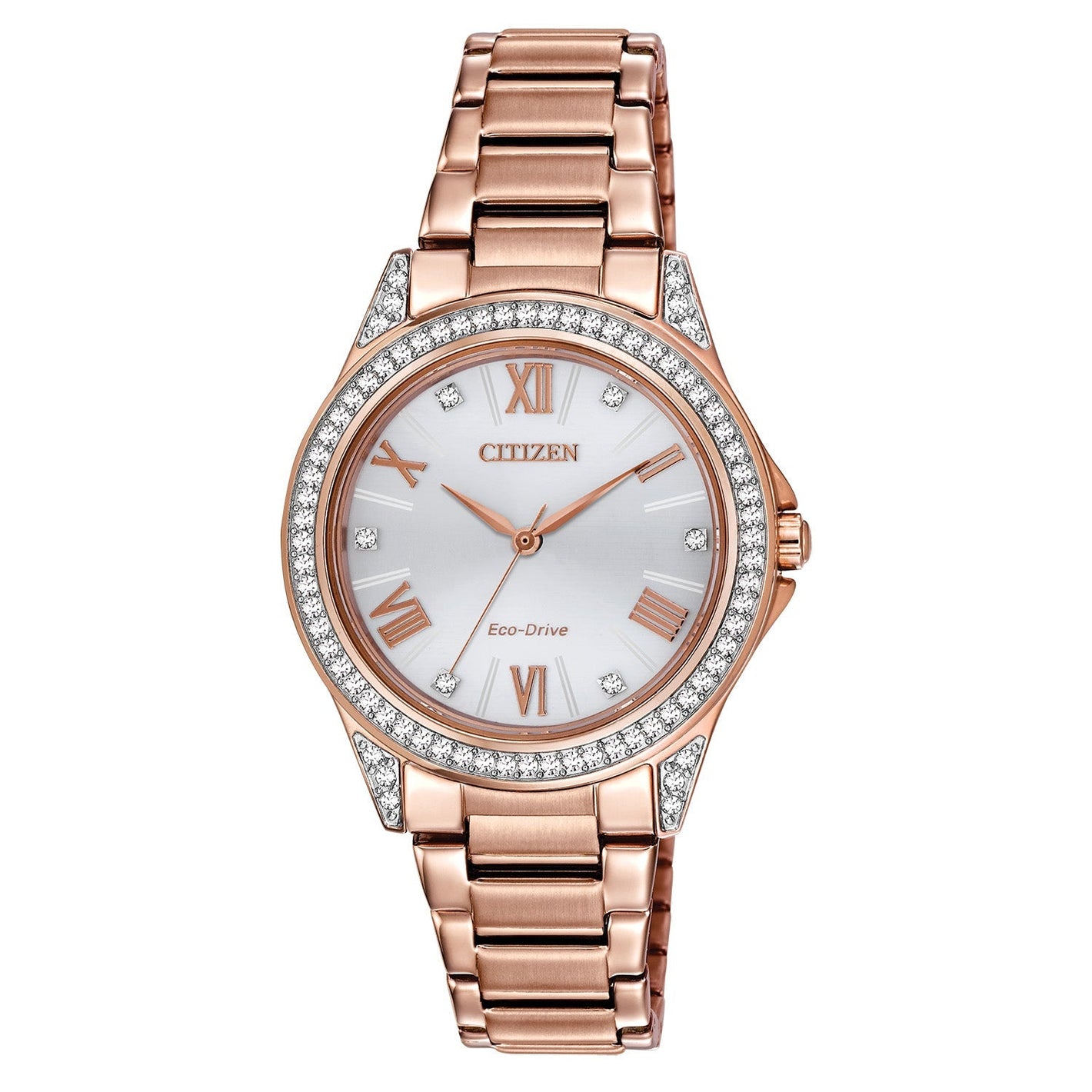 Citizen EM0233-51A Drive watch featuring a pink gold-tone stainless steel case adorned with 64 crystals, silver-tone dial with six crystal accents, and matching bracelet—front view.