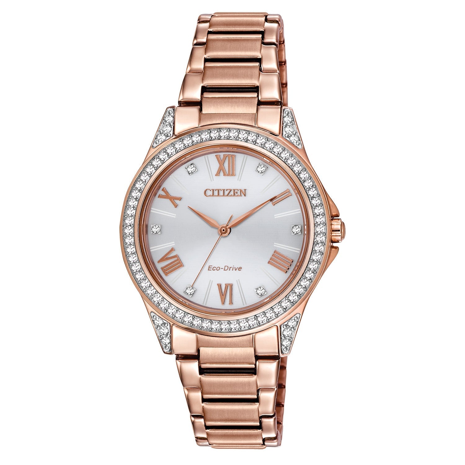 Citizen EM0233-51A Drive watch featuring a pink gold-tone stainless steel case adorned with 64 crystals, silver-tone dial with six crystal accents, and matching bracelet—front view.