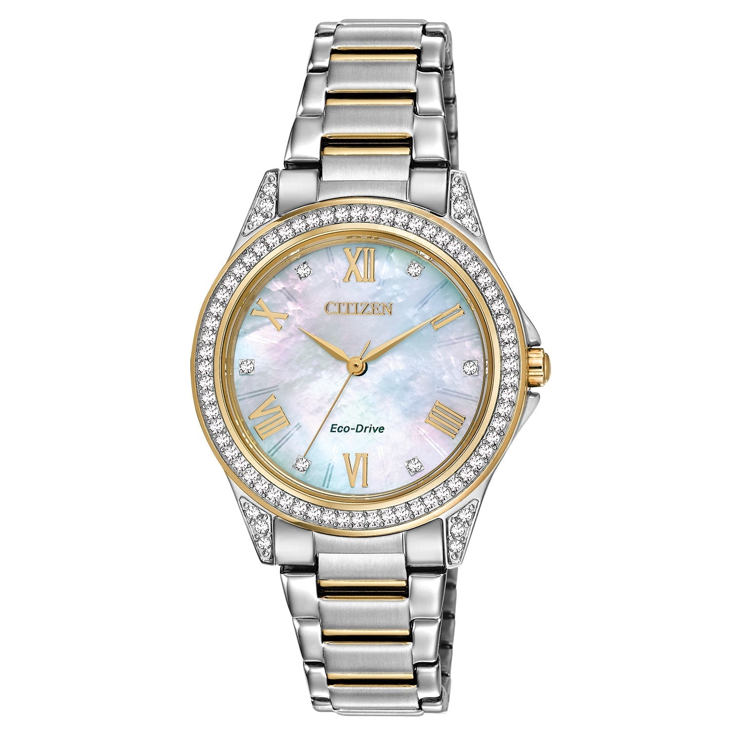 Citizen EX1503-54A Capella watch featuring a pink gold-tone stainless steel case adorned with a diamond-set bezel, silver-tone dial with rose gold-tone hands and index hour markers, and matching bracelet—front view.