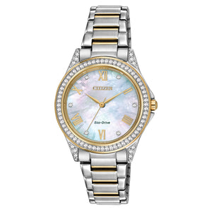 Citizen EX1503-54A Capella watch featuring a pink gold-tone stainless steel case adorned with a diamond-set bezel, silver-tone dial with rose gold-tone hands and index hour markers, and matching bracelet—front view.