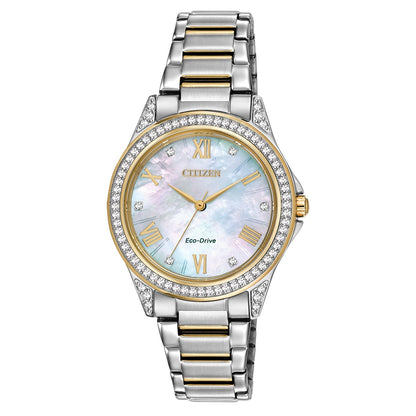 Citizen EX1503-54A Capella watch featuring a pink gold-tone stainless steel case adorned with a diamond-set bezel, silver-tone dial with rose gold-tone hands and index hour markers, and matching bracelet—front view.