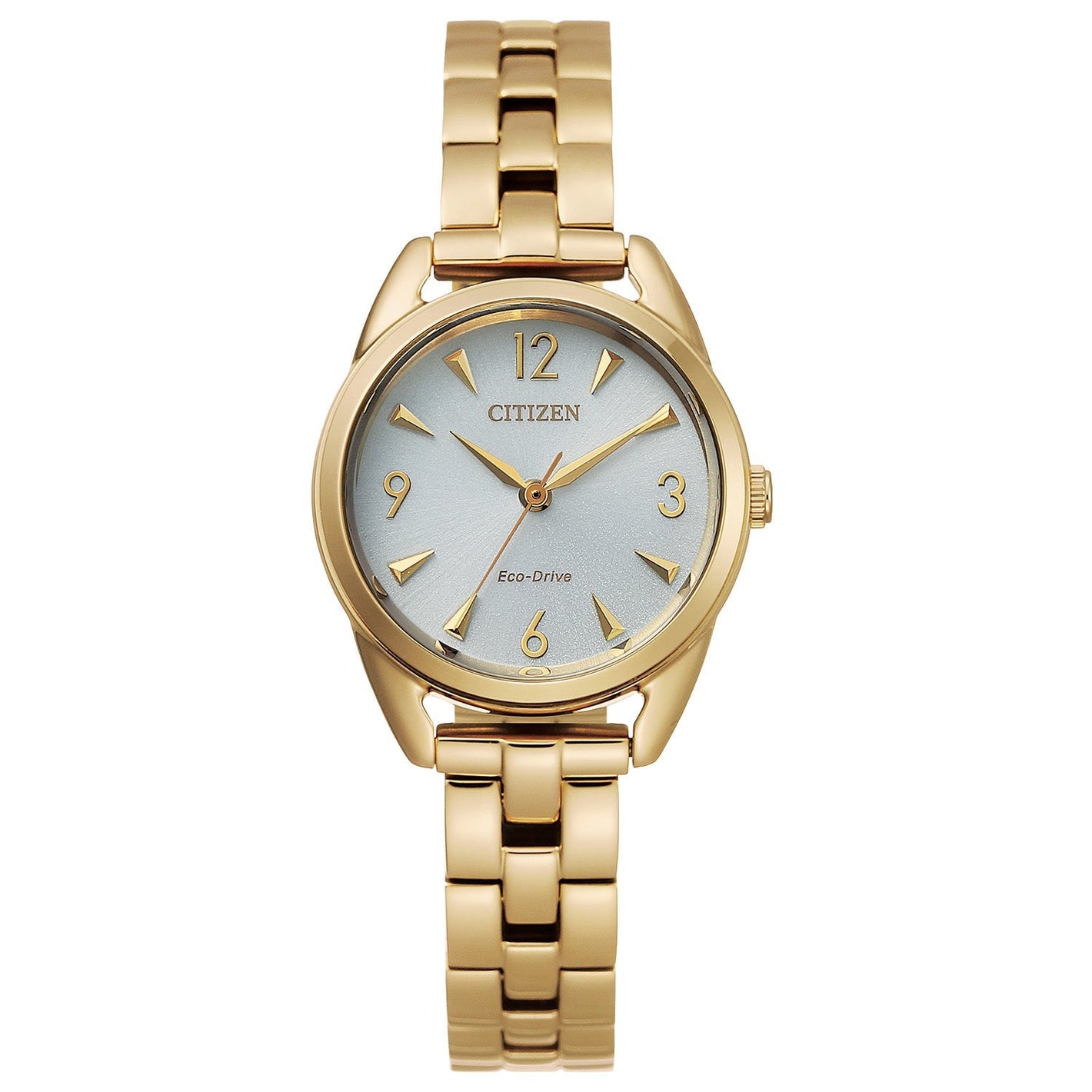 Citizen EM0682-74A watch featuring a gold-tone stainless steel case, white dial with gold-tone hands and numerals, and matching bracelet—front view.