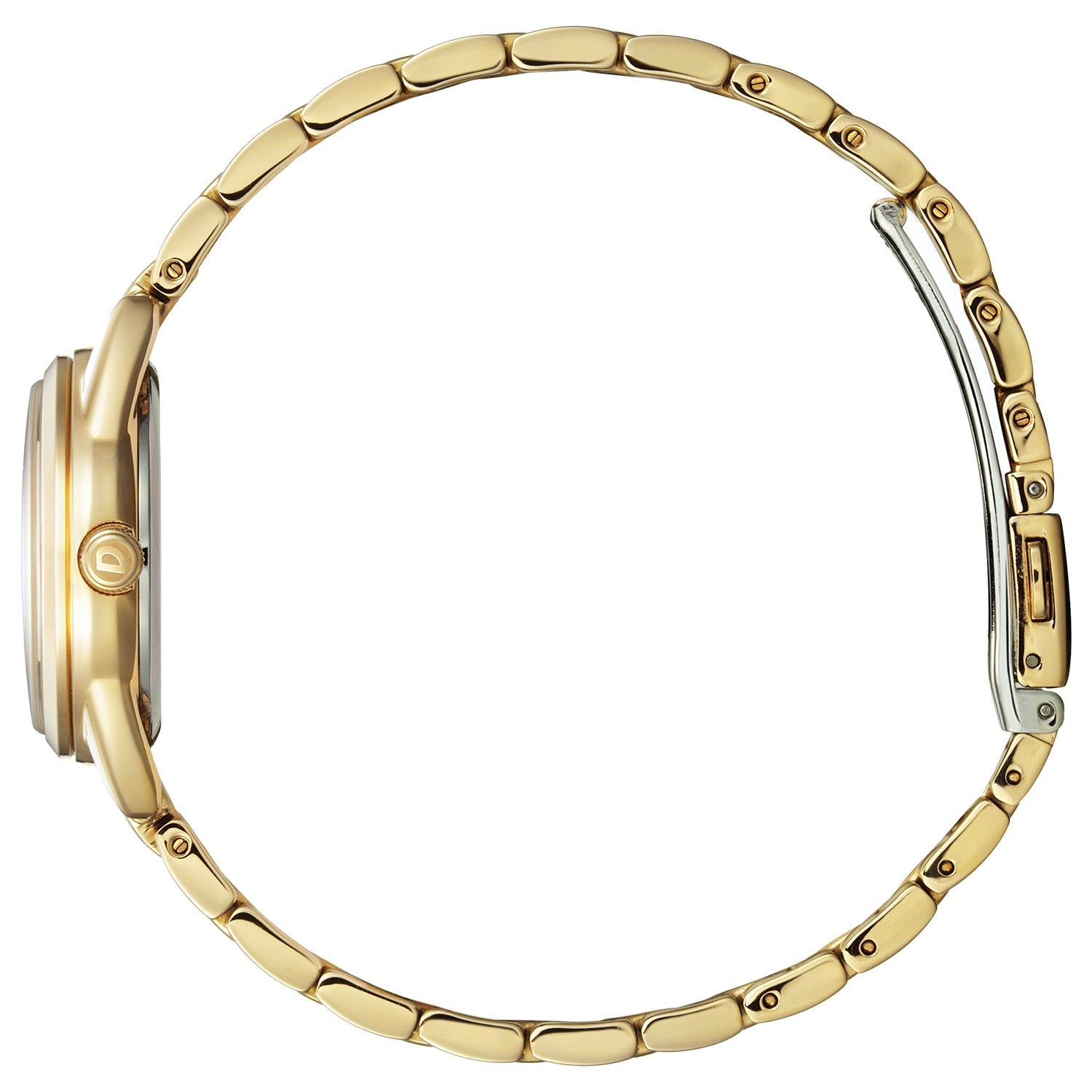 Side profile of Citizen EM0682-74A showcasing the slim gold-tone stainless steel case and textured crown.