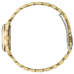 Side profile of Citizen EM0682-74A showcasing the slim gold-tone stainless steel case and textured crown.
