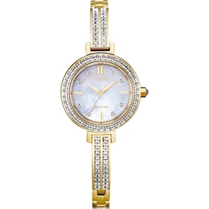 Citizen Silhouette Crystal EM0862-56D women's watch with a gold-tone stainless steel case, mother-of-pearl dial, and crystal hour markers—front view.​