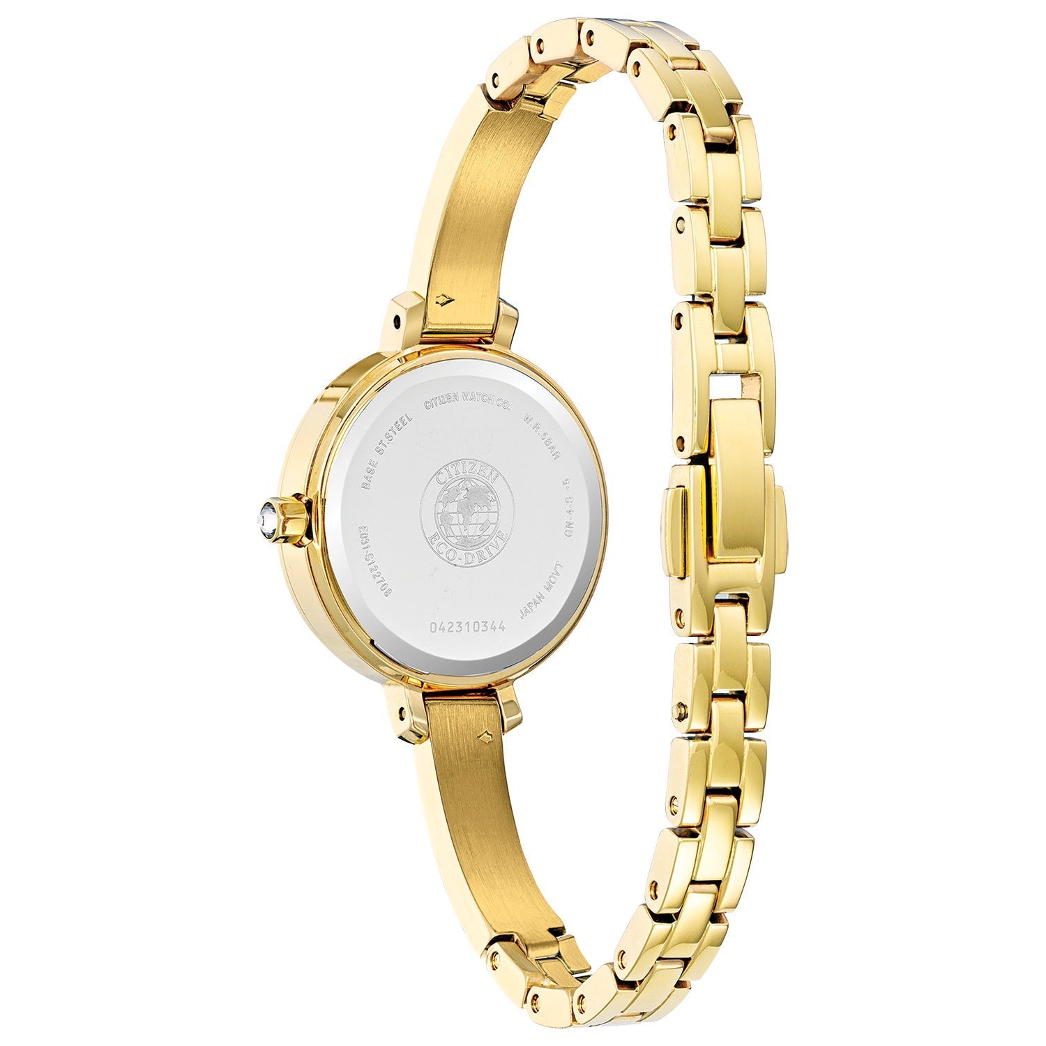 Back view of the Citizen Silhouette Crystal EM0862-56D, highlighting the stainless steel case back and bracelet clasp.