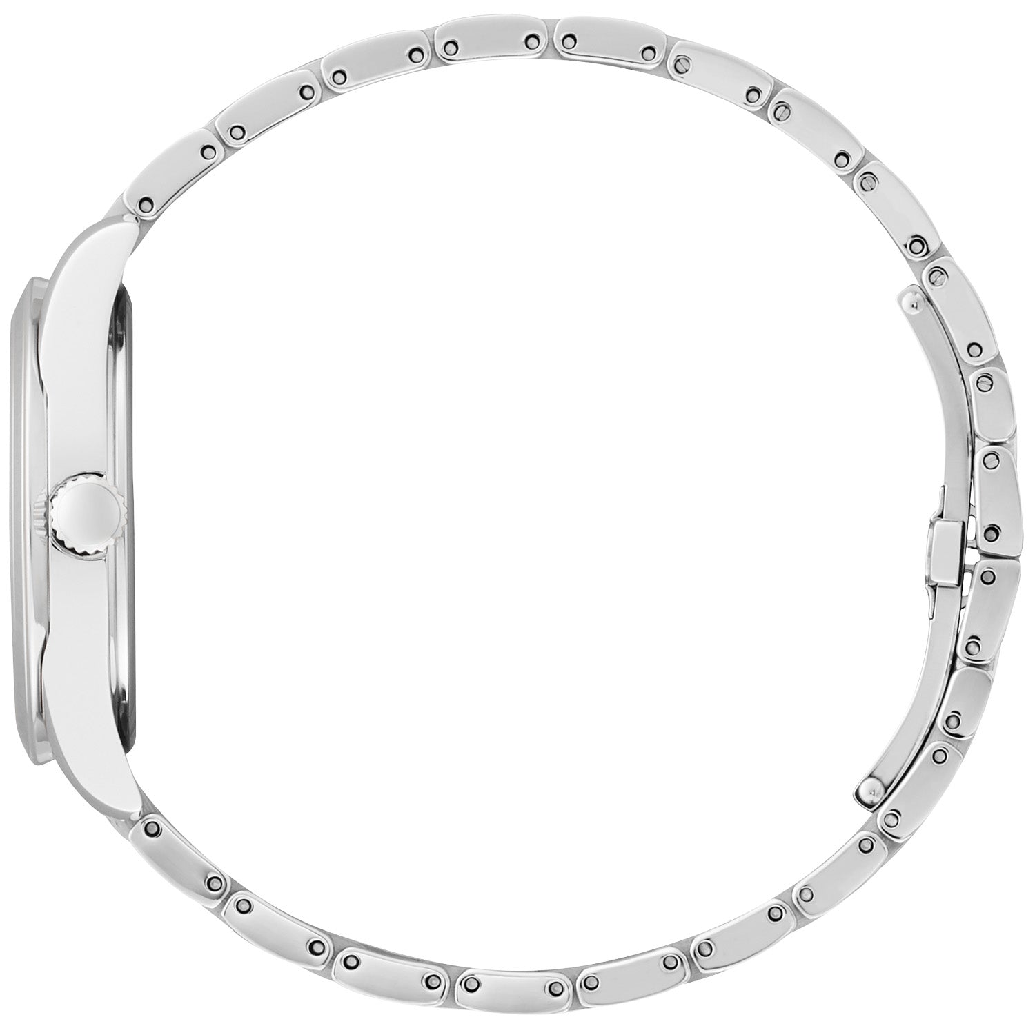 Side profile of Citizen EM0870-58A showcasing the slim stainless steel case and textured crown.